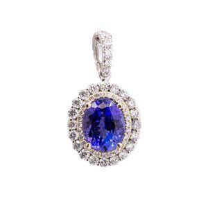 2.12cts Tanzanite Pendant in Solid 14K Gold with Double Halo of Diamonds
